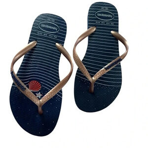 Havaianas Youth Slim Nautical Flip Flops - Navy Blue/Rose Gold/Navy Size 3/4 New